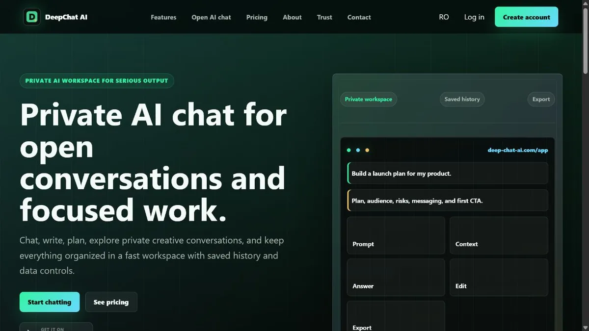 Captură a platformei web Deep Chat AI