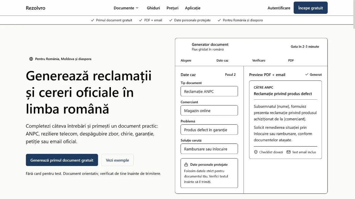 Captură a generatorului de documente Rezolvro